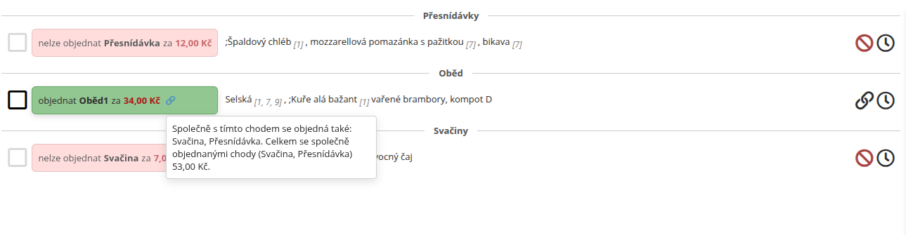 Společně objednávaná jídla – ikona a nápověda u řídícího jídla